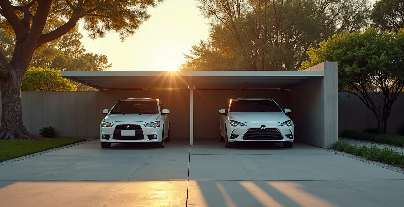 Comparación visual entre dos vehículos idénticos, uno protegido bajo carport y otro expuesto