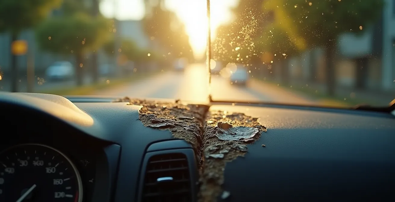 Interior de vehículo mostrando el contraste entre zonas protegidas y expuestas al sol