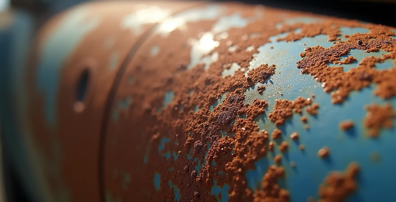 Detalle macro de oxidación progresiva en la carrocería metálica de un vehículo