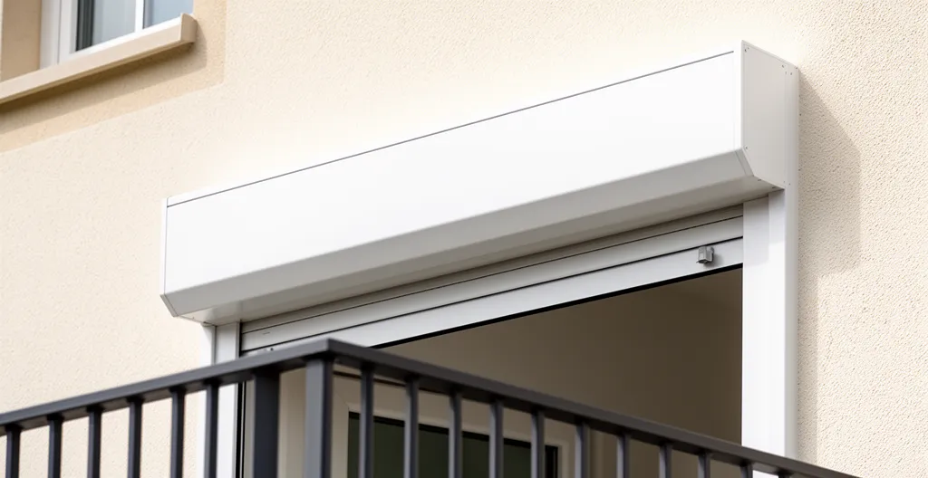 Perfil de cajón cofre de aluminio blanco montado en fachada con toldo recogido